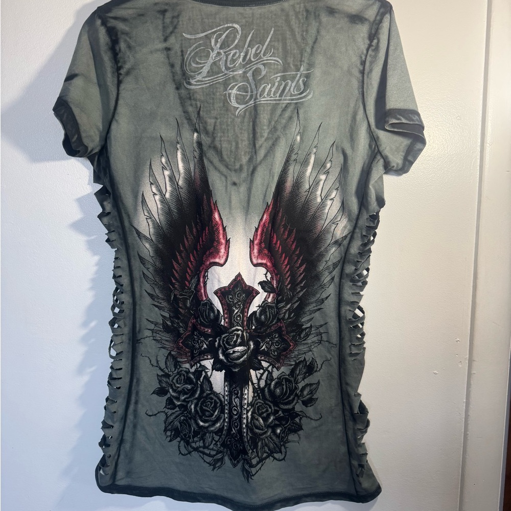Women's Gray and Red Graphic Top from Rebel Saints
